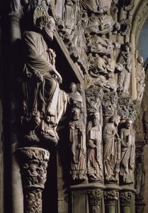 Detalj av Portico de la Gloria som viser St James, stein fra 1100-tallet