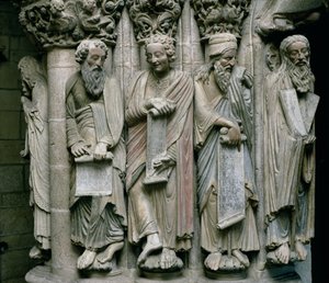 Detalj av Portico de la Gloria med det gamle testamentets profetstein