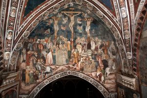 The Crucifixion Fresco of the Master of the Sacro Speco. 1300-tallet. Superior kirke. Klosteret Saint Benedetto (Sacro Speco), Subiaco (Roma), Italia
