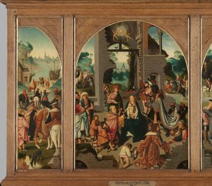 Triptych med Adoration of the Magi (senter og indre vinger), Saint Antony Abbot (venstre, ytre fløy) og Saint Adrian (høyre, ytre fløy) av Master of Alkmaar (attributed to)