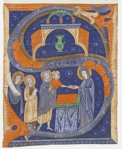 Manuskriptbelysning med presentasjon av Kristus i tempelet i en innledende S..., ca. 1278. av Master of Bagnacavallo