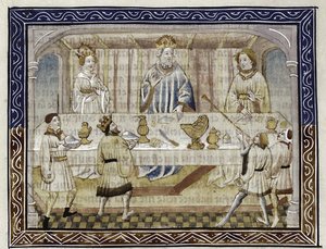 Caesar Augustus, hans kone og sønn ved bordet Fra: Jean Hayton, Flower of the storys from the land of the Orient, ca.1410 av Master of Berry Apocalypse