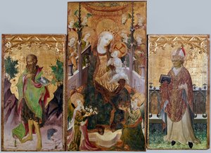 Jomfru med barn, døperen Johannes og den hellige Ambrosius - Altertavle med tre panel, rundt 1430 av Master of Burgo de Osma