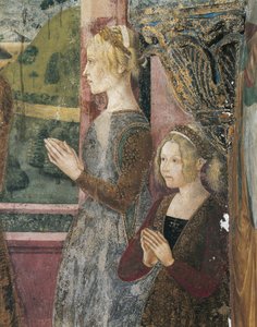 Italia, Piemonte-regionen, Alessandria-provinsen, Serralunga di Crea, Sacro Monte di Crea, Sanctuary of Santa Maria Assunta, Kapellet til St. Margareta av Antiokia, Fresco som viser Paleologo og Bernarda di Bosse
