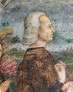 Italia, Piemonte-regionen, Alessandria-provinsen, Serralunga di Crea, Sacro Monte di Crea, Sanctuary of Santa Maria Assunta, Kapellet til St. Margareta av Antiokia Portrett av Guglielmo VIII Palaeologus, Marquis of Monferrato, Fresco