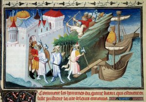Den store khanen mot japanerne eller "Hvordan mennene i den store khanen som omringet øya tok byen til sine fiender." Miniatyr hentet fra "" The Book of Wonders """ av Marco Polo (1254-1324). Opplyst av Master of Egerton