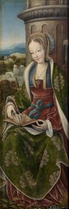 Barbe la grande martyre - Triptych of the Holy Family with Music Making Angels. Høyre panel: Saint Barbara par Master of Frankfurt (1460-ca. 1533), ca 1510-1520 - Olje på tre, 79x27 - Museo del Prado, Madrid av Master of Frankfurt