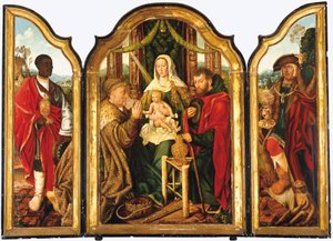 Den hellige familie med Melchior tilbyr gull til Kristusbarnet av Master of Frankfurt