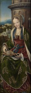 Triptych of the Holy Family with Music Making Angels. Høyre panel: Saint Barbara, ca 1510-1520 av Master of Frankfurt