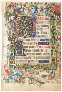 Blad fra en timebok: Dekorert innledende D[eus] med foliated kant..., 1430-årene.