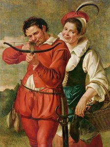 Kvinnen og armbrøstmannen, ca. 1610 av Master of Harlem