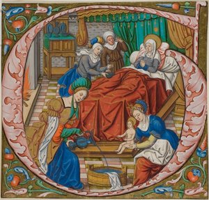 Jomfruens fødsel i en historisk initial "G" fra en antifonal