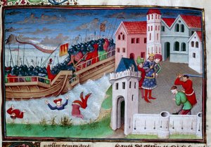 Kampscene og halshugging. Illustrasjon av romanen "The Decameron"" av Giovanni Boccaccio (Jean Boccace av Master of Jean Mansel