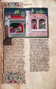 Galant scene: to par snakker. Side av et manuskript på fransk av "Decameron"" av Giovanni Boccaccio dit Jean Boccace (1313-1375), italiensk forfatter, belyst av Mesteren av Mansel. 1450. Paris, Arsenals bibliotek av Master of Jean Mansel