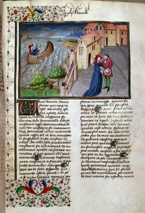 Avgangssiden hentet fra et manuskript på fransk fra "Decameron"" av Giovanni Boccaccio dit Jean Boccaccio (1313-1375), italiensk forfatter, belyst av Mesteren av Mansel. 1450. Paris, Arsenals bibliotek av Master of Jean Mansel