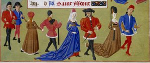 mai: hoffmennene går. Detalj av en opplyst manuskriptside hentet fra "" Time Book of the Duchess of Burgundy, Adelaide of Savoy" av Mesteren av Adelaide av Savoy (1400-tallet) og Mesteren til Jean Rolin (1400-tallet) av Master of Jean Rolin II