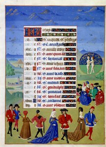 mai: hoffmennene går. Opplyst manuskriptside hentet fra "" Timeboken til hertuginnen av Burgund, Adelaide av Savoy" av Mesteren av Adelaide av Savoy (1400-tallet) og Mesteren til Jean Rolin (1400-tallet) av Master of Jean Rolin II