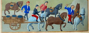 Druehøsten og transporten Detalj av en opplyst manuskriptside hentet fra "" Time Book of the Duchess of Burgundy, Adelaide of Savoy" av Mesteren av Adelaide av Savoy (1400-tallet) og Mesteren til Jean Rolin (1400-tallet) av Master of Jean Rolin II