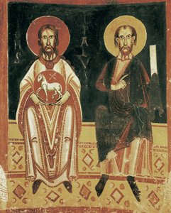 Riktig detalj med representasjonen av St. Paul og St. Johannes døperen av Master of Pedret
