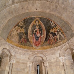 Jomfruen og barnet i majestet og tilbedelsen av magiene, ca. 1100. av Master of Pedret
