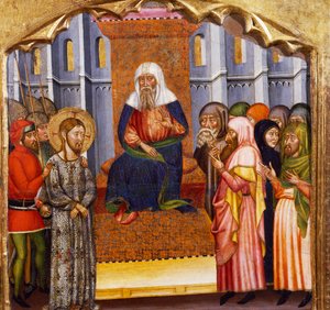 The Trial of Jesus, av Mesteren av Rubio (1300-tallet), predella av altertavlen fra kirken Santa Maria, Rubio, maleri på tre.