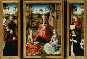 Madonna og barn med hellige og givere (olje på panel) av Master of Saint Anna