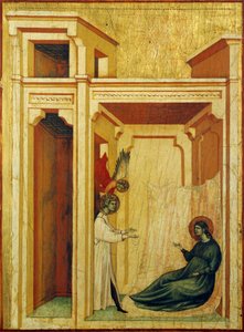 Engel som kroner Valerian med roser og liljer, detalj fra altertavle som viser Legend of Saint Cecilia, ca. 1304, av Master of Saint Cecilia (aktiv tidlig på 1300-tallet), tempera på panel og bladgull stemplet, 85x181 cm