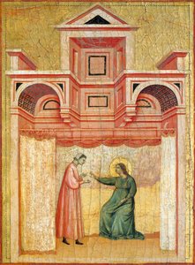 Cecilia overtaler ektemannen Valerian til dåp, detalj fra altertavle som viser legenden om helgen Cecilia, ca. 1304, av Mester av Saint Cecilia (aktiv tidlig på 1300-tallet), tempera på panel og bladgull stemplet, 85x181 cm