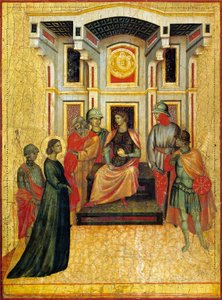 Saint Cecilia kontrasterer trossaker med prefekt, detalj fra altertavle som viser Legend of Saint Cecilia, ca. 1304, av Master of Saint Cecilia (aktiv tidlig på 1300-tallet), tempera på panel og bladgull stemplet, 85x181 cm