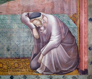 Historier om St Francis, detalj av åpenbaringen til Gregory IX, freskomaleri av Mester av Saint Cecilia (1200-1300-tallet), Øvre kirke, pavelige basilika St. Frans av Assisi (UNESCOs verdensarvliste, 2000), Assisi, Umbria, Italia