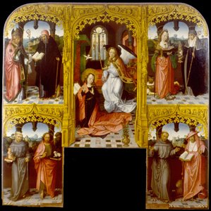 Bebudelsen med Saint Lazarus og Antony Abbot, Catherine of Alexandria og Chiara, Anthony of Padua og John The Baptist, Francis og Jerome av Master of Saint John the Evanglist