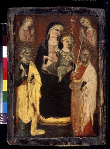 "Madonna and Child Enthroned with Saints Peter and Paul" (Madonna and Child Enthroned with Saints Peter and Paul) Maleri på tre av mesteren av San Jacopo i Muciano (1400-tallet) Pushkin Museum, Moskva av Master of San Jacopo a Mucciana