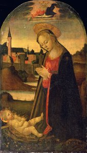 The Madonna Adoring the Child, A Town on a River beyond, ca. 1478 (olje på panel) av Master of San Miniato