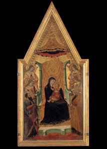 Jomfruen i majestet mellom Saint Paul, Saint Peter og fire engler altertavle av mesteren av Santa Maria (1300-tallet). Dimensjon 0,28 x 0,58 m. Avignon, Musee du Petro Palais av Master of Santa Maria di Castello