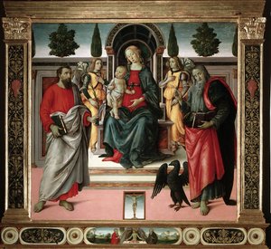 Jomfru med barn med Johannes og Bartolomeus Maleri av mesteren av Santo Spirito (1400-tallet) Firenze, Santo Spiritos kirke, Italia av Master of Santo Spirito