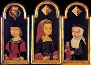 Erkehertug Charles, den senere hellige romerske keiseren Charles V., med søstrene Eleanor og Isabella i en alder av 2 år, 1502 av Master of St.Georgsgilde