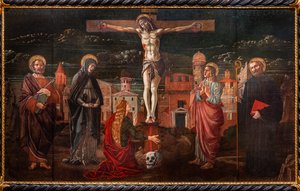 Korsfestet Kristus blant St. Peter, Jomfruen, Maria Magdalena, St. Johannes apostelen og St. Benedikt av Master of St. Peter in Vicenza