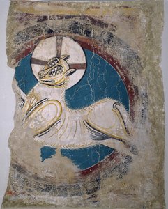 Apokalyptisk lam (fra Sant Climent de Tauell) - Master of Tahull (Master of Sant Climent de Tauell) (aktivt 1100-tall) - ca 1123 - Fresco - 146x113 - Museu Nacional d'Art de Catalunya, Barcelona av Master of Tahull