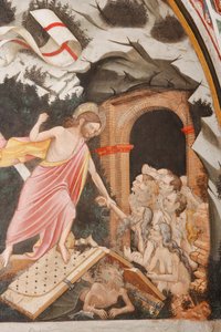 "Resurrection" og "Descent into Limbo", Detalj av "Descent into Limbo": Jesus tar Adams hånd. Ved Kristi føtter, helvetes porter og djevelens skikkelse på bakken, ca. 1420 (fresco)