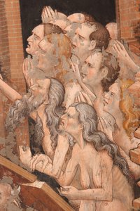"Resurrection" og "Descent into Limbo", Detalj av de oppreiste menneskene i Det gamle testamente, inkludert Adam med et langt grått skjegg, ca. 1420 (fresco) av Master of Vignola