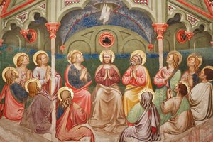 "Pinsen", Detalj med bedende helgener og jomfru Maria, og duen, ca. 1420 (fresco)