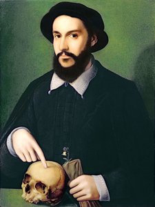 Portrett av en gentleman med høyre hånd peker på en hodeskalle, ca. 1540 av Master of the 1540s
