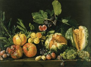 Granatepler, meloner, druer, fersken, fiken og annen frukt på en steinhylle av Master of the Acquavella Still Life
