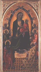 Madonna og barn med døperen Johannes og St. Nikolas av Myra (tempera på panel) av Master of the Bambino Vispo