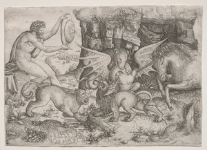 Allegorisk tema: Combat of Animals, ca. 1515-1520. av Master of the Beheading of St.