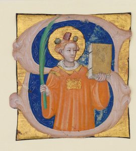Manuskriptbelysning med Saint Stephen i en innledende S, fra en Antiphonary, italiensk, ca. 1410-2