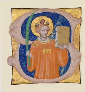 Manuskriptbelysning med Saint Stephen i en initial S, fra et antifonarium, ca. 1410-20.
