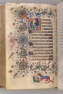 Timer for Karl den adelige, konge av Navarra 1361-1425: fol. 102v, tekst, ca. 1405. av Master of the Brussels Initials and Associates