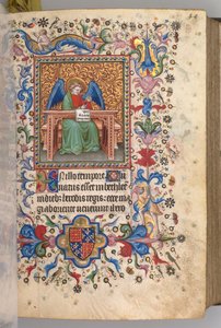 Timer for Karl den adelige, konge av Navarra 1361-1425: fol. 25a, St. Matteus, ca. 1405. av Master of the Brussels Initials and Associates