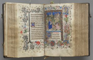 Timer for Karl den adelige, konge av Navarra 1361-1425: fol. 87v, tekst, ca. 1405. av Master of the Brussels Initials and Associates